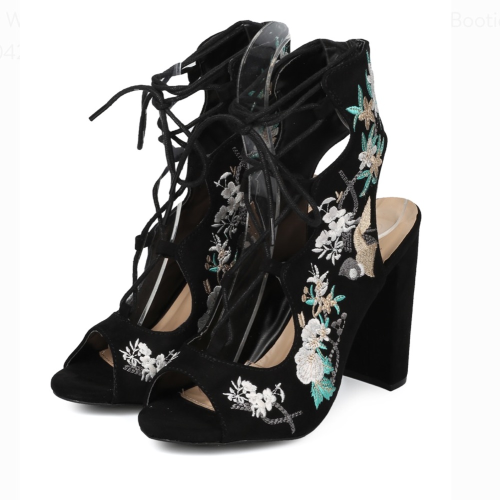 NWOB Faux Suede Peep Toe Embroidered Heel Bootie - Picture 6 of 6